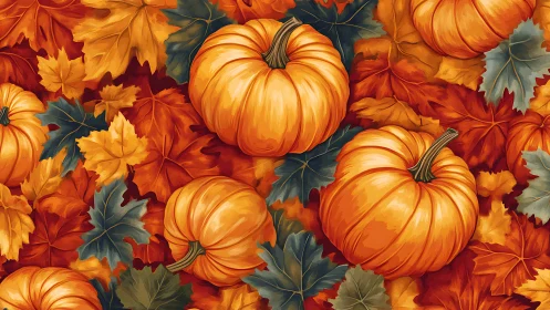 Pumpkins lie among layered autumn leaves in dense pattern