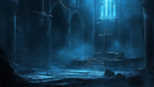 Gothic cathedral ruin with illuminated altar cross in misty blue light