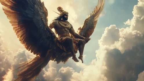 Majestic winged deity soars in golden light above clouds