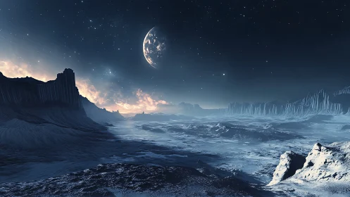 Frozen extraterrestrial plain under distant planet and stars.