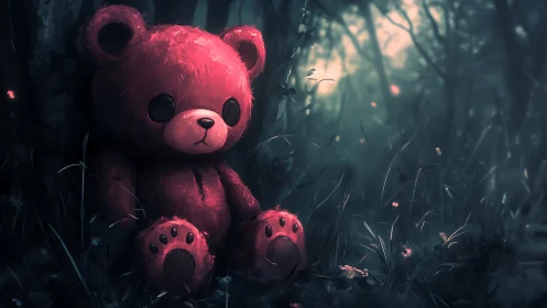 Lonely red teddy bear in dark misty forest at dusk.