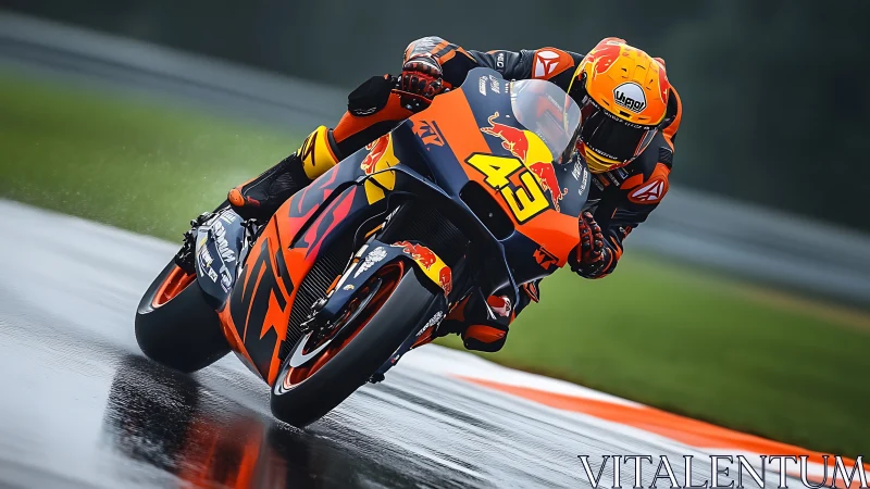MotoGP rider carving wet apex on orange Red Bull KTM.