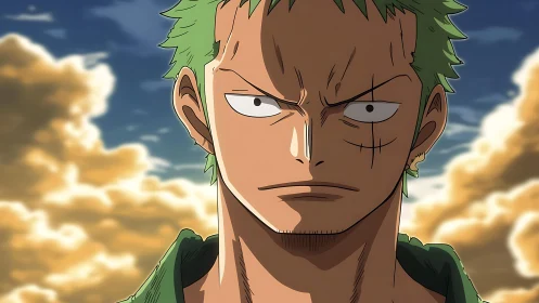 Sunlit anime swordsman portrait with dramatic sky rendering.