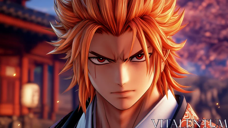 Flame haired anime swordsman under sakura twilight scrutiny.