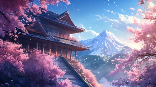 Mountain temple overlooks cherry blossoms in clear spring light