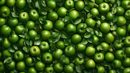 Lustrous green apples layered tightly with fresh foliage.