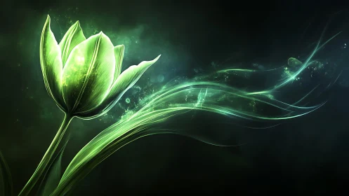 Glowing green tulip with flowing abstract light trails.