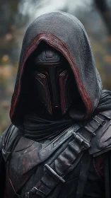 Hooded armored figure in dark cloak stands facing forward