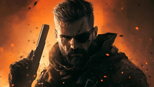 Scarred lone warrior stands firm amid roaring firestorm glow