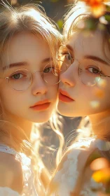 Golden hour portrait shows twin girls in round glasses