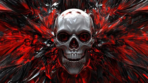 Metallic skull amid red and black shattered shards.