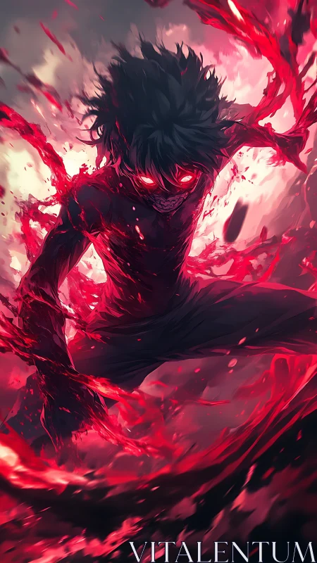 Demonic anime warrior unleashes chaotic red flaming power
