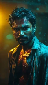 Defiant bloodied man stands under neon rainlit glow