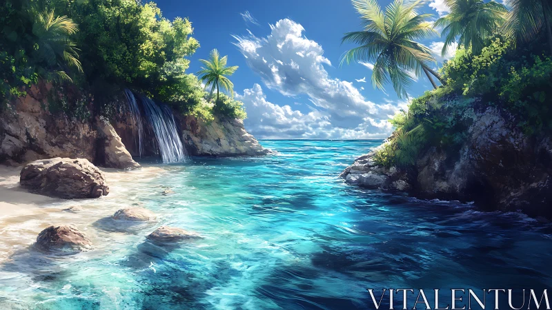 Tropical Lagoon with Waterfall and Palm Trees