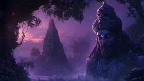 Colossal serene deity overlooks misty violet temple valley