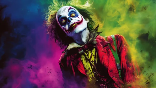 Grinning horror clown leans amid neon smoke and color haze
