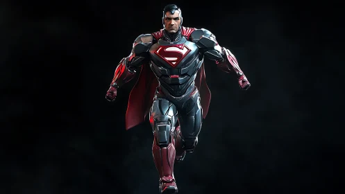 Armored red-caped superhero rendered in dynamic 3D motion.