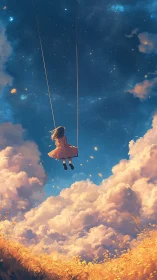 Girl on swing above golden field under starry sky.
