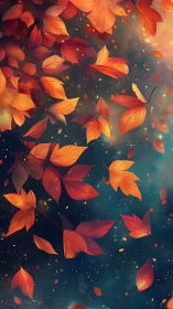 Autumn foliage cascade with glowing bokeh over teal void