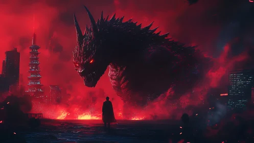 Gigantic spiked creature in red-illuminated cityscape at night.