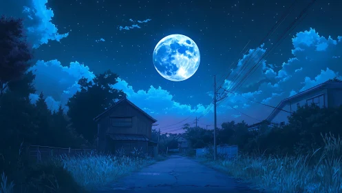 Midnight moon drifts above a quiet blue suburban lane