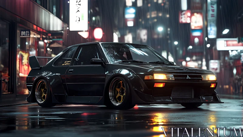 Rain-soaked Mitsubishi street racer in neon urban corridor.