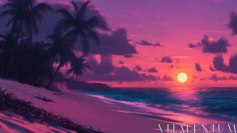 Vibrant neon sunset sinks over tranquil tropical shoreline