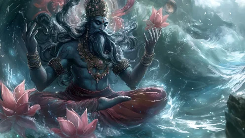 Divine blue deity meditates amid swirling cosmic ocean.