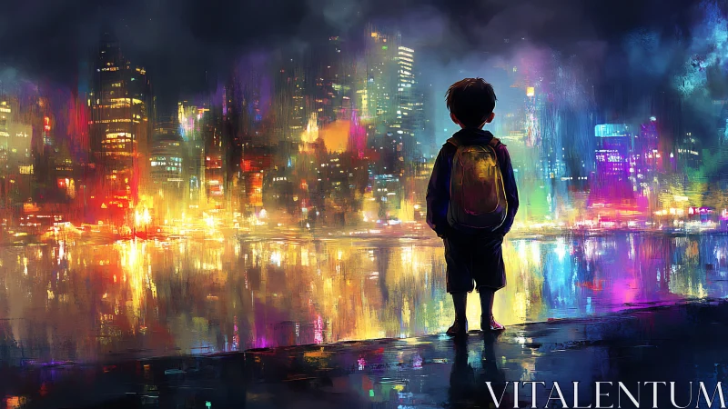 Solitary child observes neon city lights across the water
