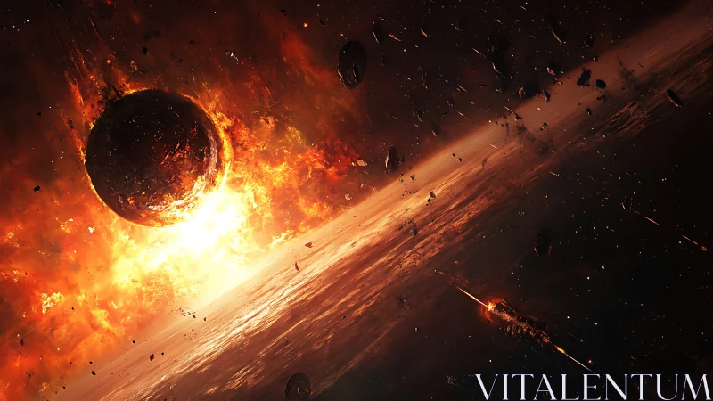 Planetary cataclysm with molten impact and disintegrating ringed world.