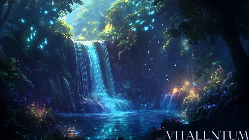 Bioluminescent Cavern Waterfall with Glowing Flora