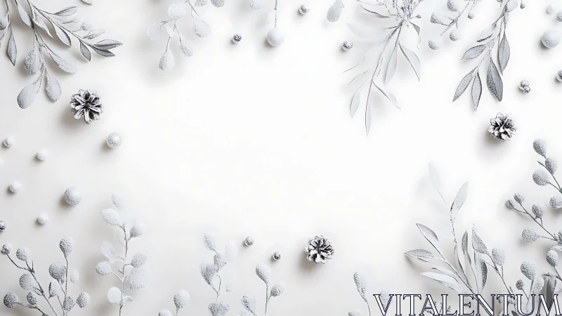 Frost-Coated Botanical Elements on White Surface.