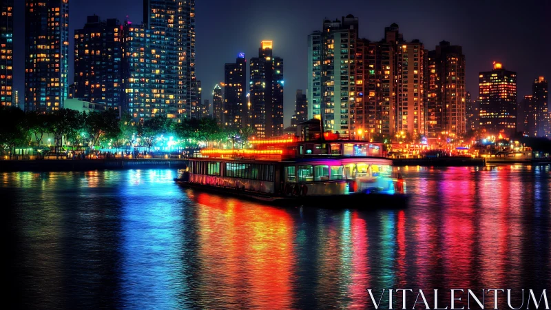 Neon river cruise passes vibrant high rise skyline at night.