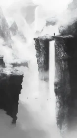 Solitary figure on cliff above vertical waterfall in mist.