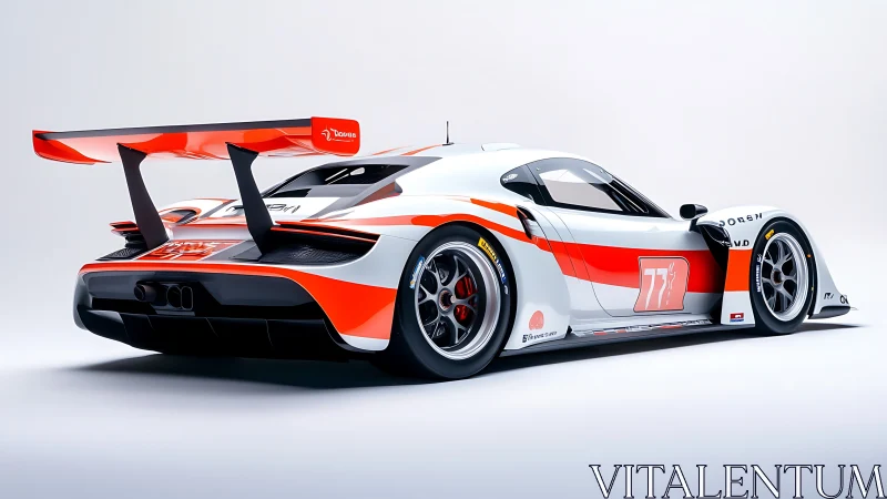 Endurance race car render with bold orange livery and wing.