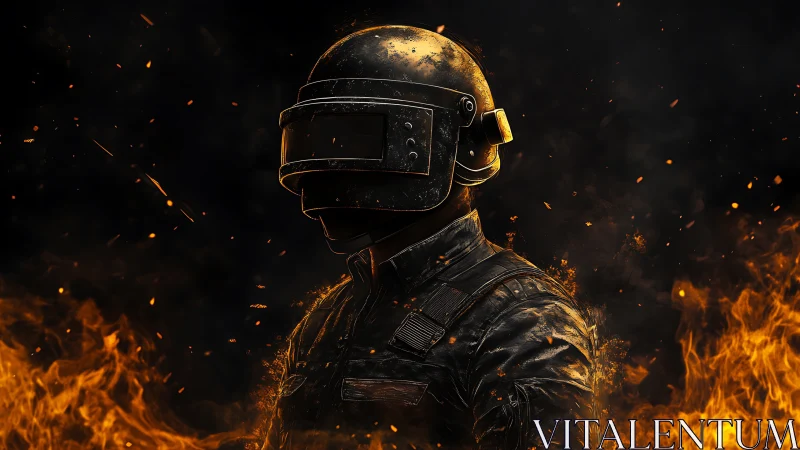 Armored soldier silhouette stands amid rising battlefield flames