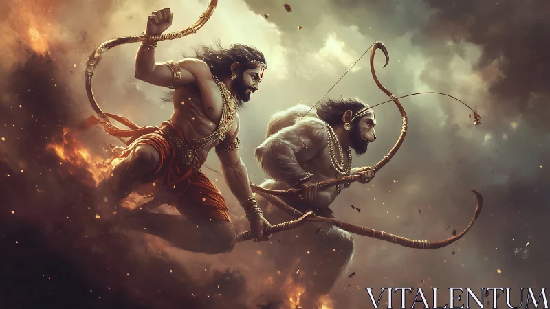 Warrior deity and monkey ally leap through blazing skies