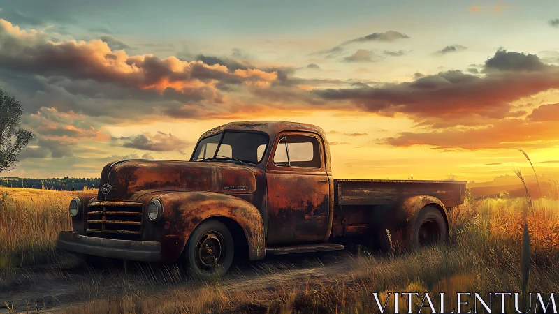 Rusty vintage pickup rests in glowing rural sunset field.