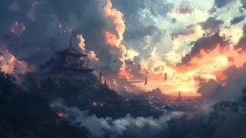 Layered clouds over hillside pagoda and distant city at dusk.