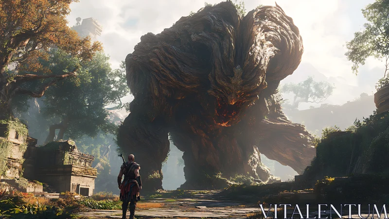 Colossal ember-hearted forest titan confronts lone warrior.