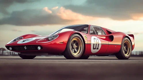 Vintage red race car glows at sunset on an empty track