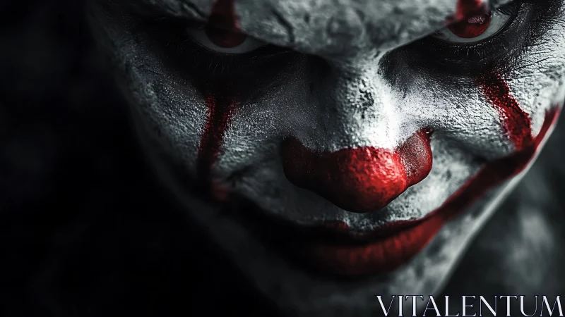 Sinister clown face fills frame under harsh dramatic lighting