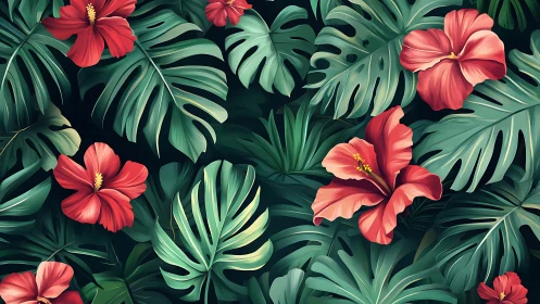 Red hibiscus flowers layered over dense tropical foliage