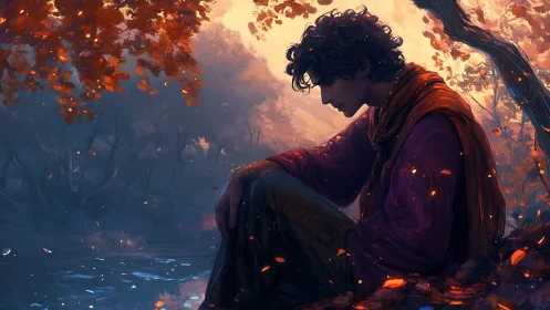 Melancholic young man sits by autumn forest pond at dusk