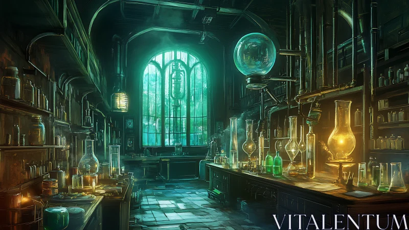 Mystic alchemy laboratory glows under emerald window light.