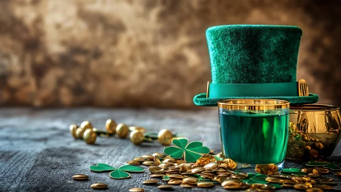 Emerald Toasts and Clover Coins on a Lucky Wooden Table.