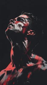 High-contrast male portrait uses directional rim lighting and red glaze