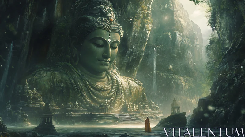 Colossal rock-carved deity and monk within misted canyon temple.