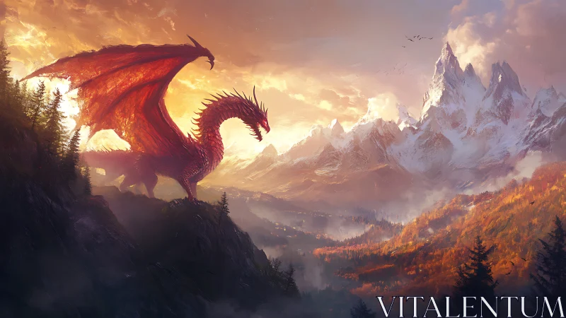 Crimson dragon overlooks sunlit autumn mountain valley.