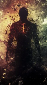 Shadowed figure stands with glowing heart in crackling light